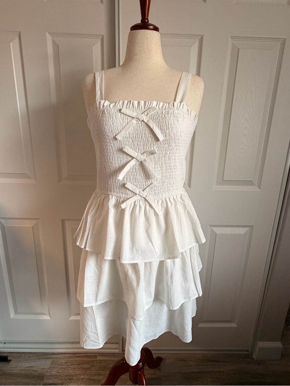 White Tiered Smocked Midi Dress with Bows